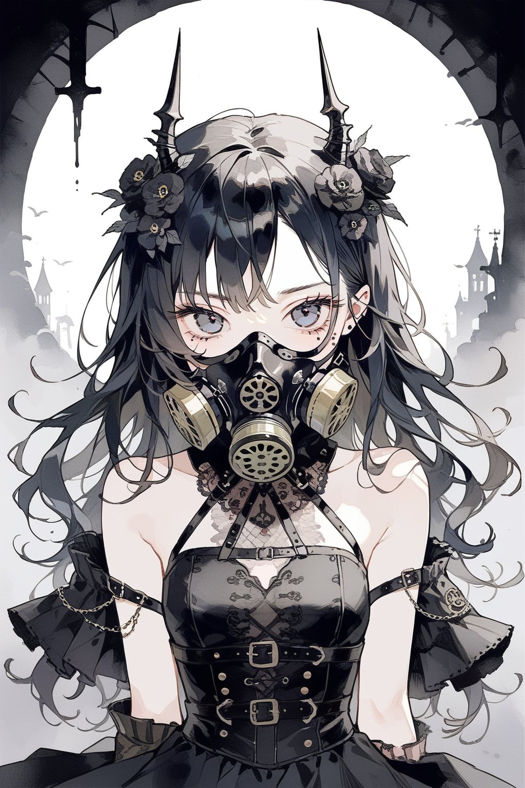 1girl,  gothicpunk,  gas mask,  masterpiece,  best quality,  aesthetic