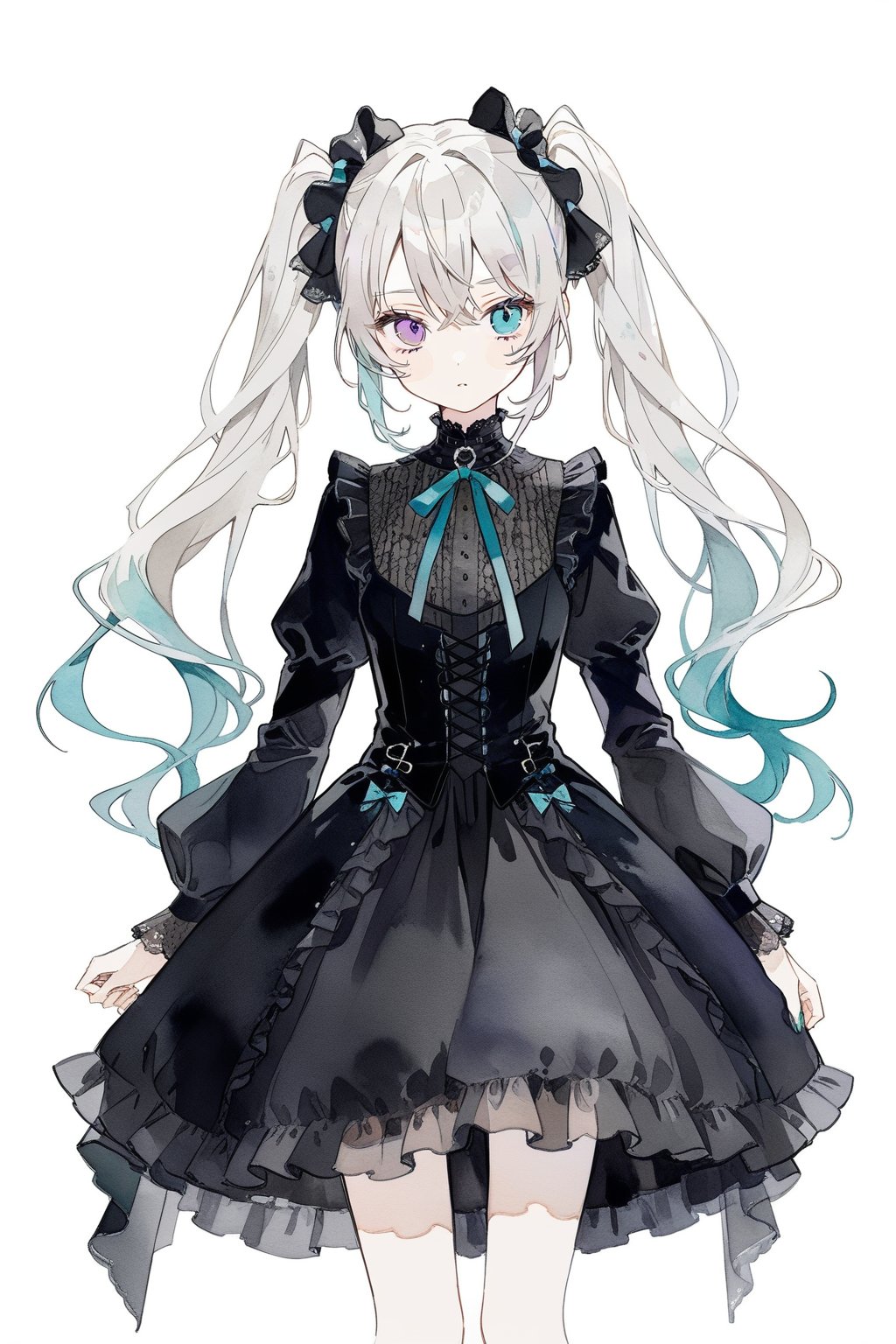 1girl,  solo,  (25-ji miku,  project sekai,  heterochromia), gothic lolita dress,  twintails,  purple eye,  turquoise eye,  White hair ribbon, (kawaii),  Ruffle,  lace,  gothic dress,  (watercolor medium),  sketch:0.5,  masterpiece,  best quality,  late,  (aesthetic), simple backgrounds,  no backgrounds