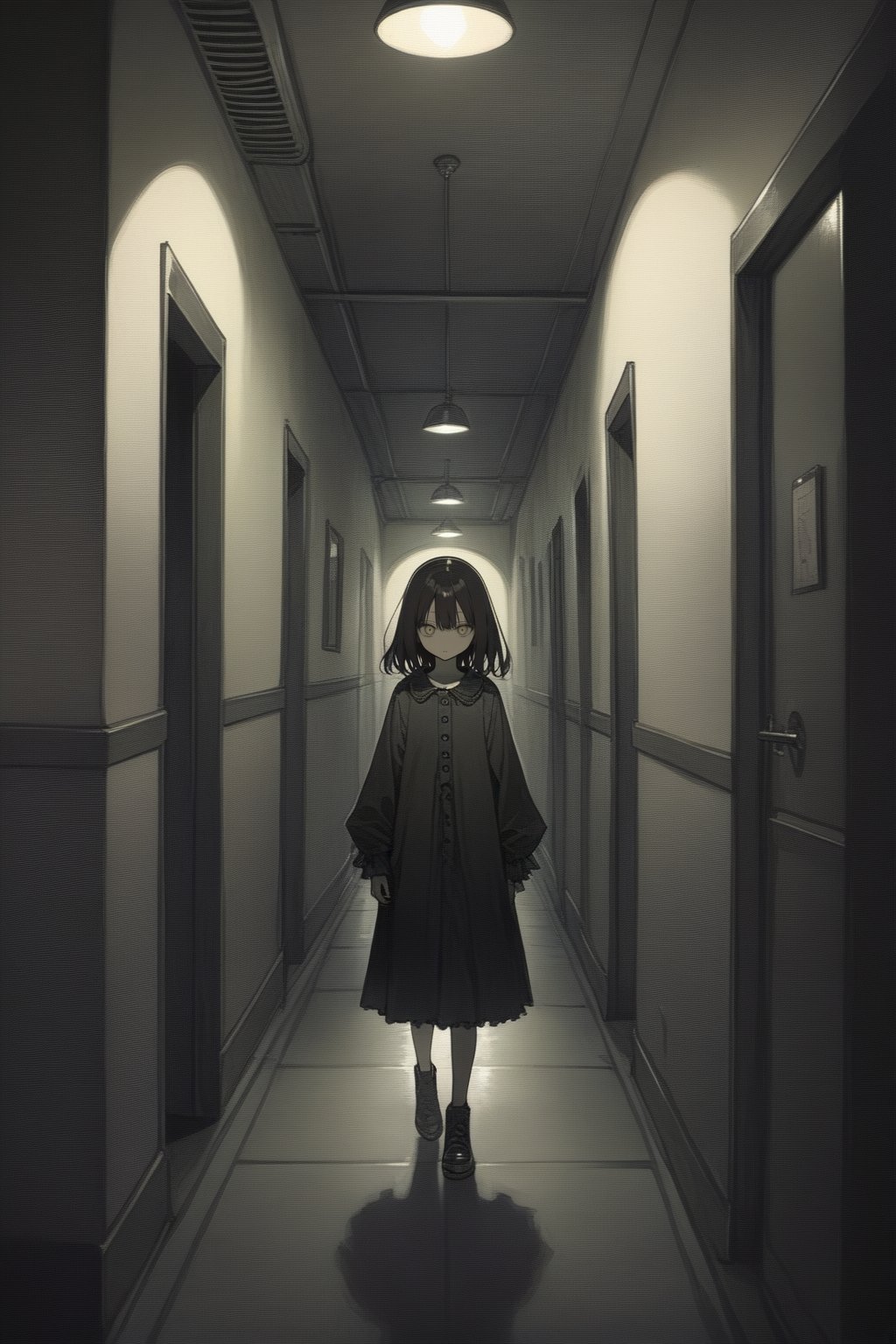 1girl, Creepy, horror,dimly lit hallway,night, masterpiece, best quality, aesthetic,aesthetic