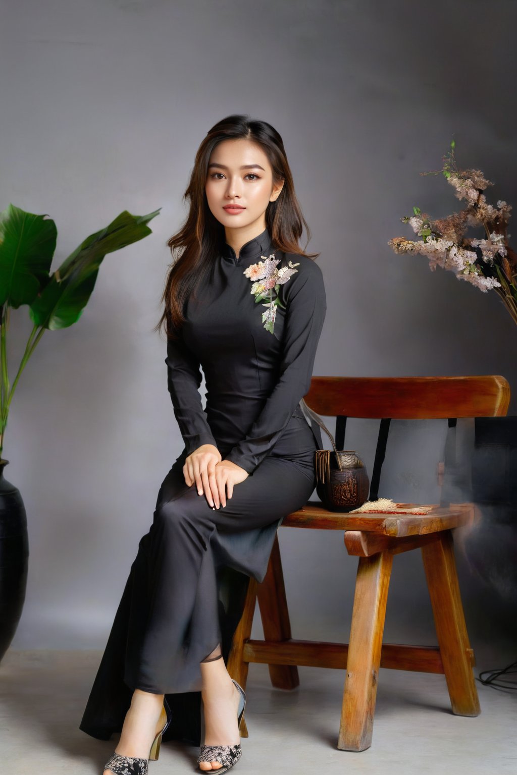 A portrait of a beautiful Vietnamese girl in a black ao dai is seated on a wooden chair with a grey background behind her. The studio light is positioned to the right of the girl, casting a soft light on her face and dress.,1girl,Vietnam,girl