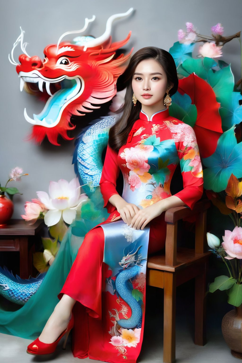 A portrait of a beautiful Vietnamese girl in a red ao dai with dragon and floral pattern, is seated on a wooden chair with a grey background behind her. The studio light is positioned to the right of the girl, casting a soft light on her face and dress.,1girl,Vietnam,girl,women,woman,beauty,ao dai