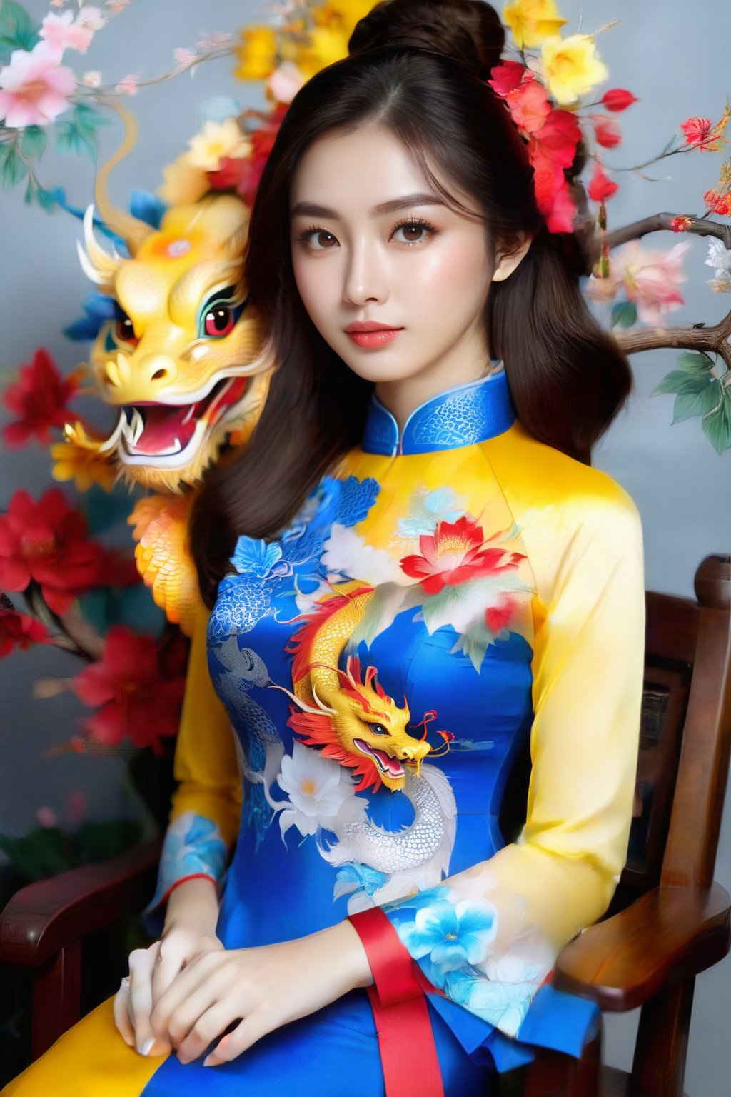 A portrait of a beautiful Vietnamese girl in a blue yellow ao dai with dragon and floral pattern, is seated on a wooden chair with a grey background behind her. The studio light is positioned to the right of the girl, casting a soft light on her face and dress.,1girl,Vietnam,girl,women,woman,beauty,ao dai