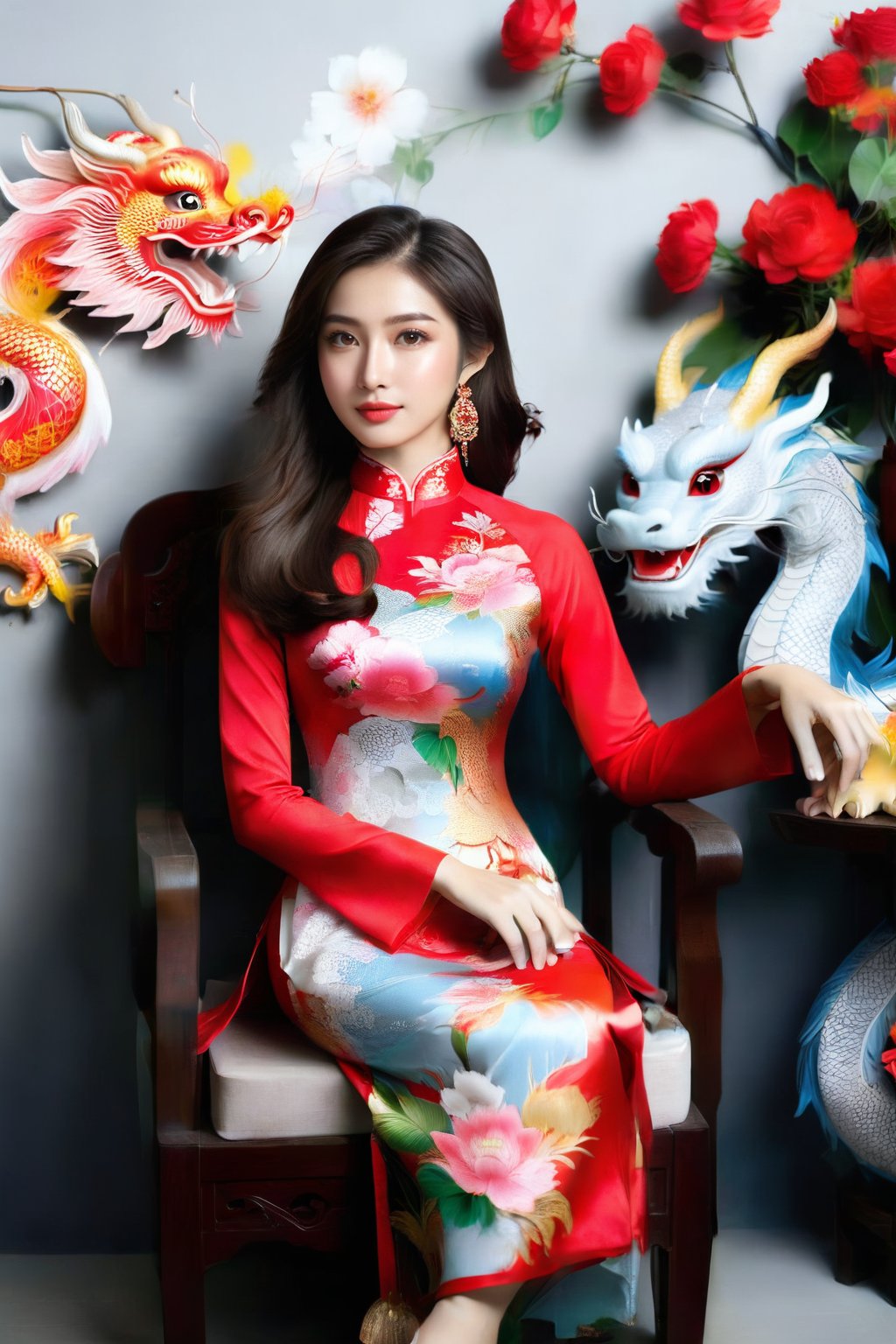 A portrait of a beautiful Vietnamese girl in a red ao dai with dragon and floral pattern, is seated on a wooden chair with a grey background behind her. The studio light is positioned to the right of the girl, casting a soft light on her face and dress.,1girl,Vietnam,girl,women,woman,beauty,ao dai