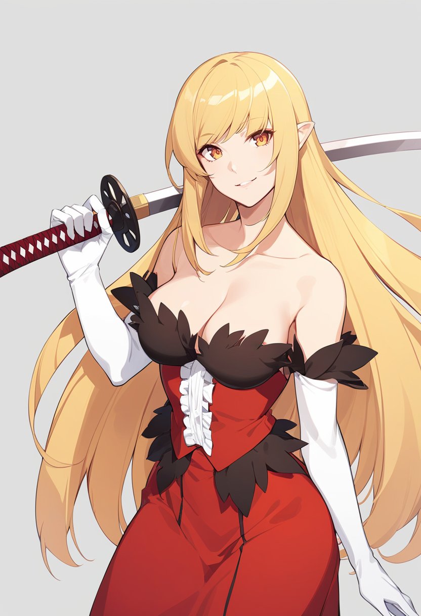 solo,  1girl,  kiss-shot,  smile,  looking at viewer,  weapon over shoulder,  holding katana,  holding weapon,  red dress,  white gloves,  elbow gloves,  bare shoulders,  cleavage,<lora:EMS-281515-EMS:1.000000>,<lora:EMS-278855-EMS:0.800000>