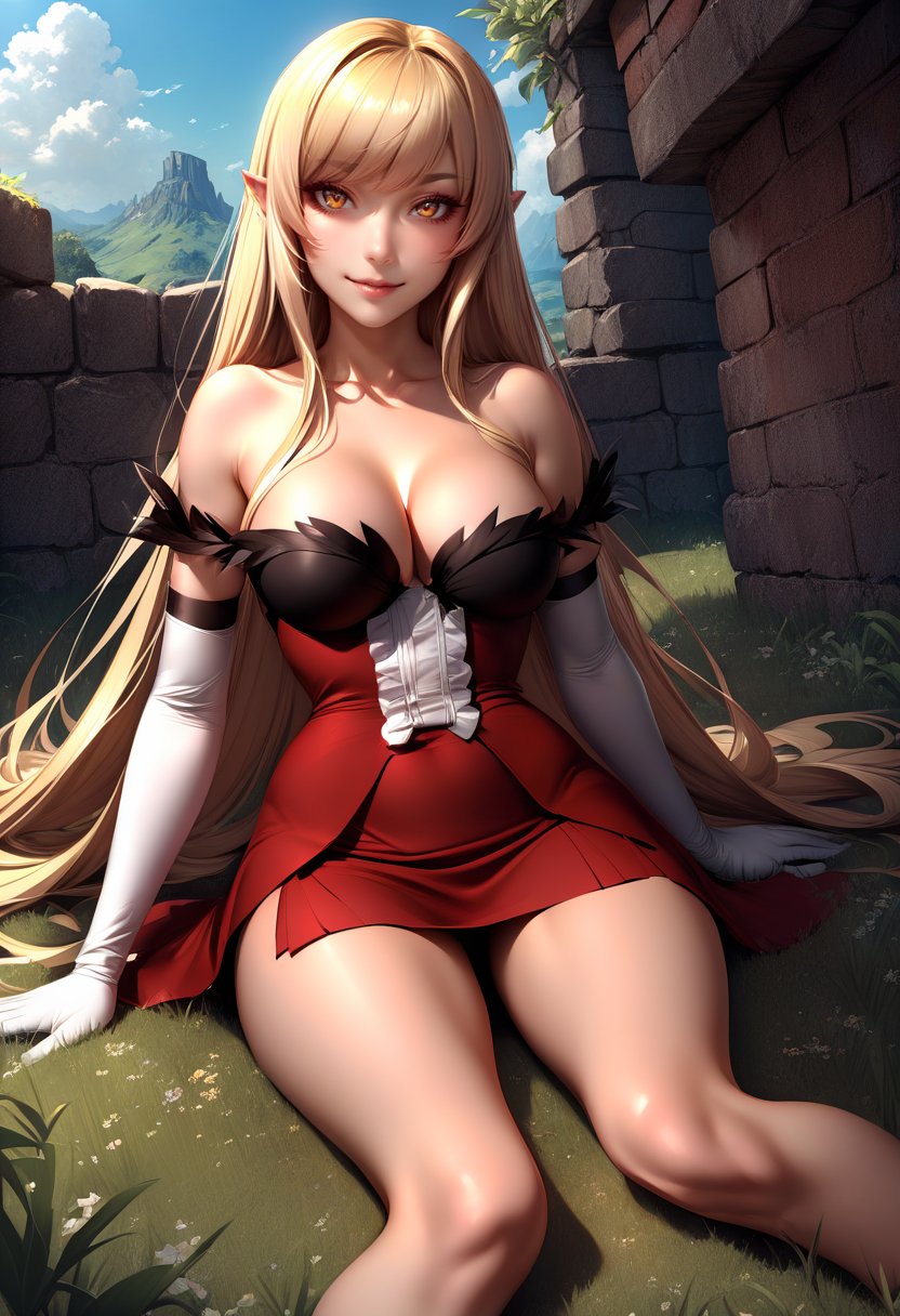 solo,  1girl,  kiss-shot,  smile,  looking at viewer,  sitting,  on ground,  red dress,  white gloves,  elbow gloves,  bare shoulders,  cleavage,  outdoors,<lora:EMS-281515-EMS:1.000000>