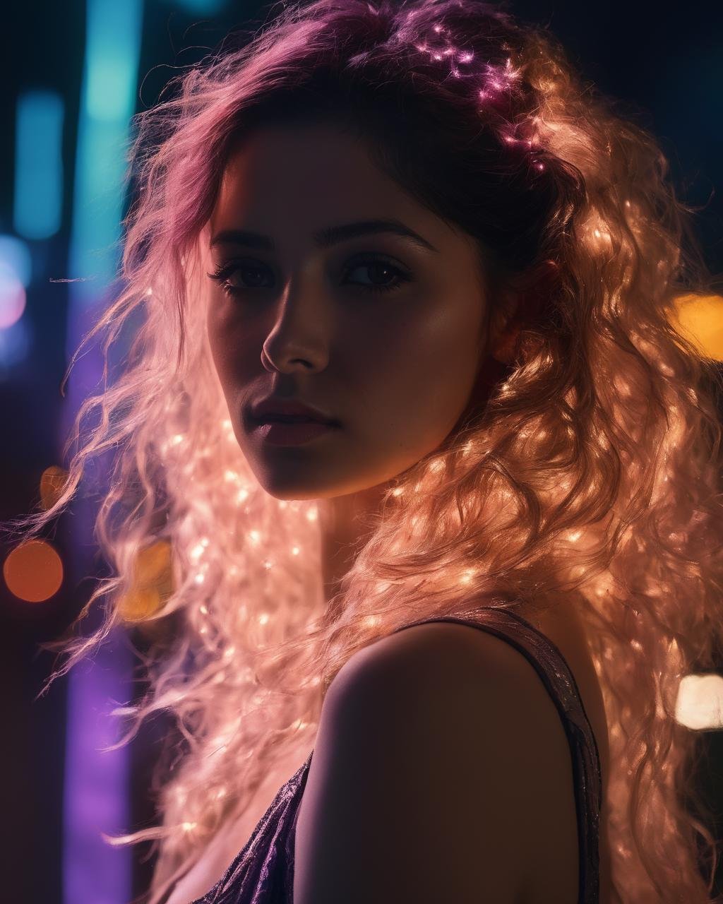 1 girl, multicoloured hair, night, neon sign backlight, looking at the viewer, side lighting, complex hairstyle, midnight ,((explosion,mushroom cloud in background)), sarahshahi,  <lora:SarahShahiXL:1.0>, (masterpiece, best quality, ultra-detailed, best shadow), high contrast, (best illumination), ((cinematic light)), colorful, hyper detail, dramatic light, intricate details, (1 girl, solo) , ultra detailed artistic photography, dreamy, backlit, shadows, ultra high definition, 8k, ultra sharp focus, ultra high quality model, soft lighting, film photography, analogue photography, hyperrealism,, ((sharp face, detailed face, realistic face, naturtal skin, realistic skin, detailed skin, pores, sharp eyes, detailed eyes,realistic eyes)),