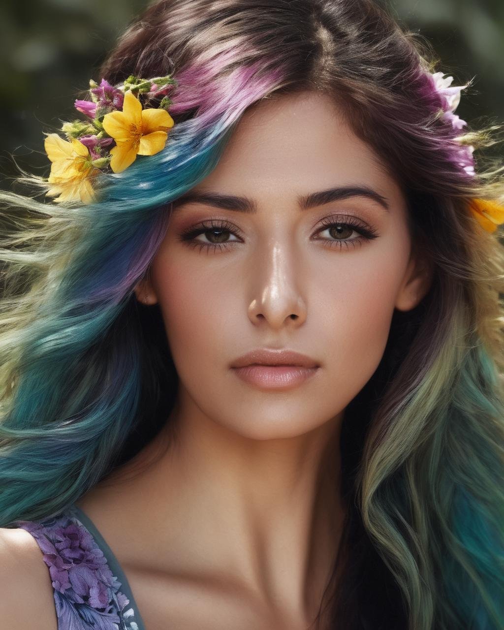 tide play, split color hair, wind, flying petals, ornamental, multi color hair, super long hair, wavy, alraune,flower, space, sarahshahi,  <lora:SarahShahiXL:1.0>, ((sharp face, detailed face, realistic face, naturtal skin, realistic skin, detailed skin, pores, sharp eyes, detailed eyes,realistic eyes)),