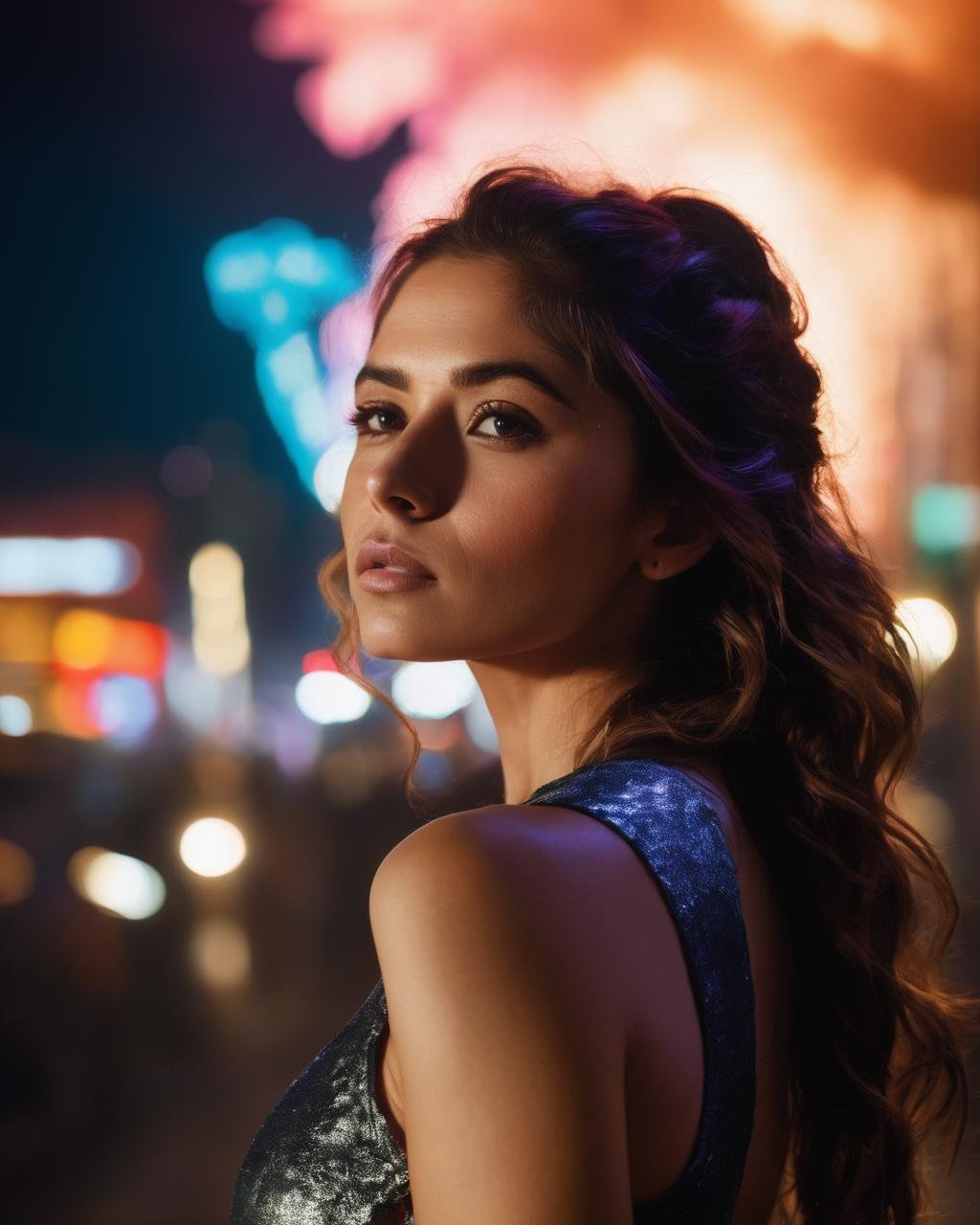 1 girl, multicoloured hair, night, neon sign backlight, looking at the viewer, side lighting, complex hairstyle, midnight ,((explosion,mushroom cloud in background)), sarahshahi,  <lora:SarahShahiXL:1.0>, (masterpiece, best quality, ultra-detailed, best shadow), high contrast, (best illumination), ((cinematic light)), colorful, hyper detail, dramatic light, intricate details, (1 girl, solo) , ultra detailed artistic photography, dreamy, backlit, shadows, ultra high definition, 8k, ultra sharp focus, ultra high quality model, soft lighting, film photography, analogue photography, hyperrealism,, ((sharp face, detailed face, realistic face, naturtal skin, realistic skin, detailed skin, pores, sharp eyes, detailed eyes,realistic eyes)),