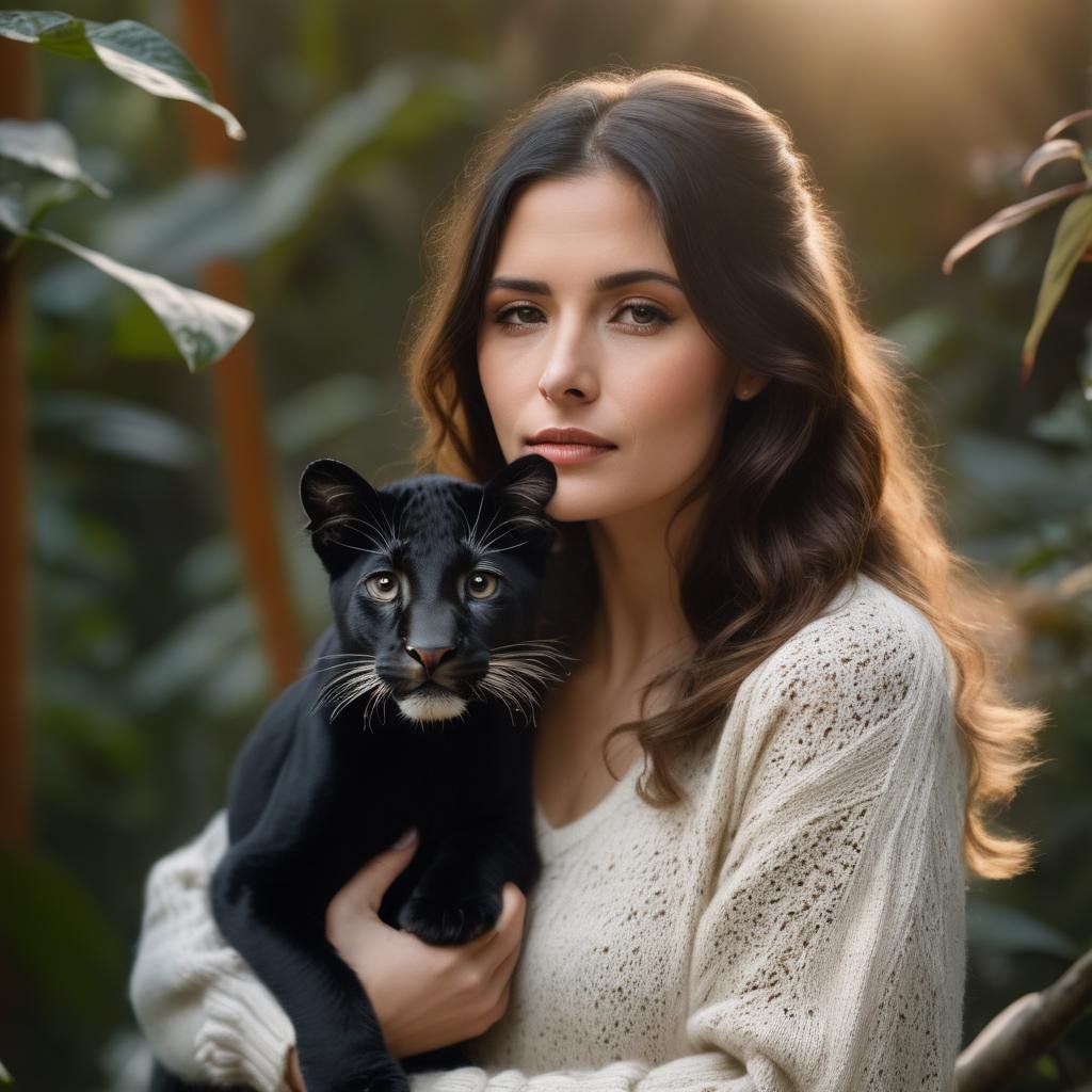 professional photo shoot of an adult woman, wearing a (long sweater, subtle make-up, long hair), ((sitting in a beautiful blooming jungle garden, playing with  a black baby leopard)), spring, daylight, sunrise, sarahshahi,  <lora:SarahShahiXL:1.0>, (masterpiece, best quality, ultra-detailed, best shadow), high contrast, (best illumination), ((cinematic light)), colorful, hyper detail, dramatic light, intricate details, (1 girl, solo) , ultra detailed artistic photography, dreamy, backlit, shadows, ultra high definition, 8k, ultra sharp focus, ultra high quality model, soft lighting, film photography, analogue photography, hyperrealism,