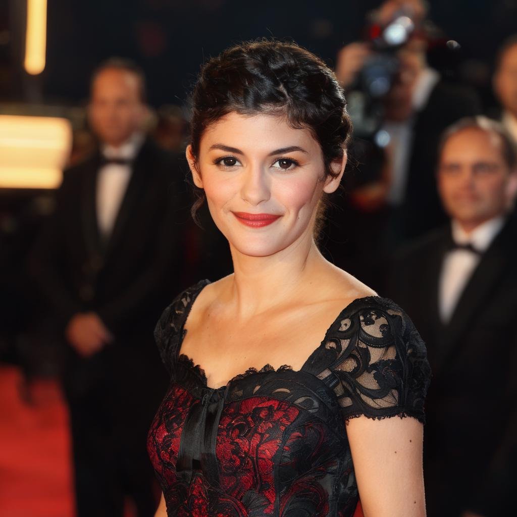 Photo of a woman wearing a (long black formal dress with off shoulder and red lace trim,  glitter,  versace by Kamikazey o...