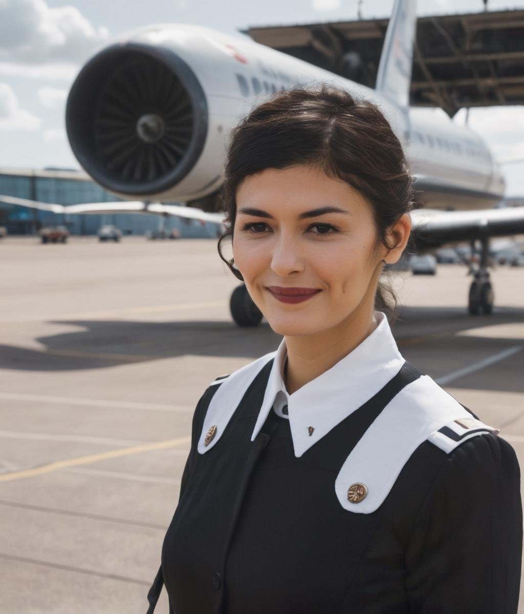 A photorealistic portrait of a stewardess,  wearing a (white and black uniform),  standing on an airport runway by Kamikaz...