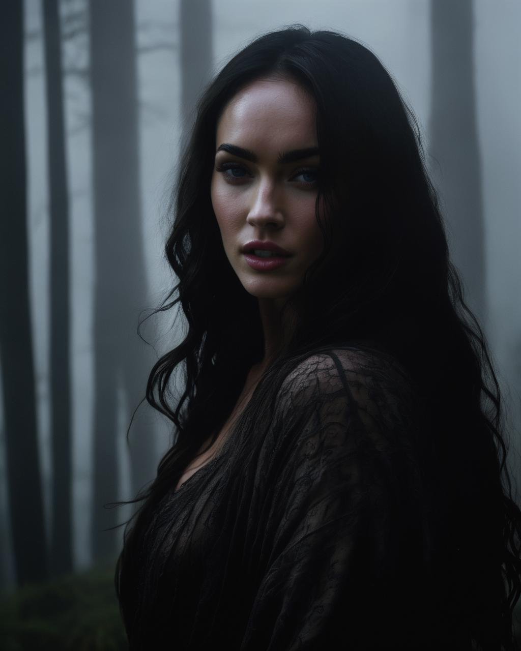 Megan_Fox,<lora:MeganFoXL:1>,Portrait, drenched body, mystic woman emerging from thick fog, surrounded by thick fog, covered in fog, pale skin, dark make up, evil grin, dark fantasy, regal, horror atmospere, noir style, very long  hair, night, dim backlight, looking at the viewer, subtle back lighting, complex hairstyle, midnight ,((muted colors, windy ,thick fog in background)),, ((sharp face, detailed face, realistic face, naturtal skin, realistic skin, detailed skin, pores, detailed eyes,realistic eyes)),