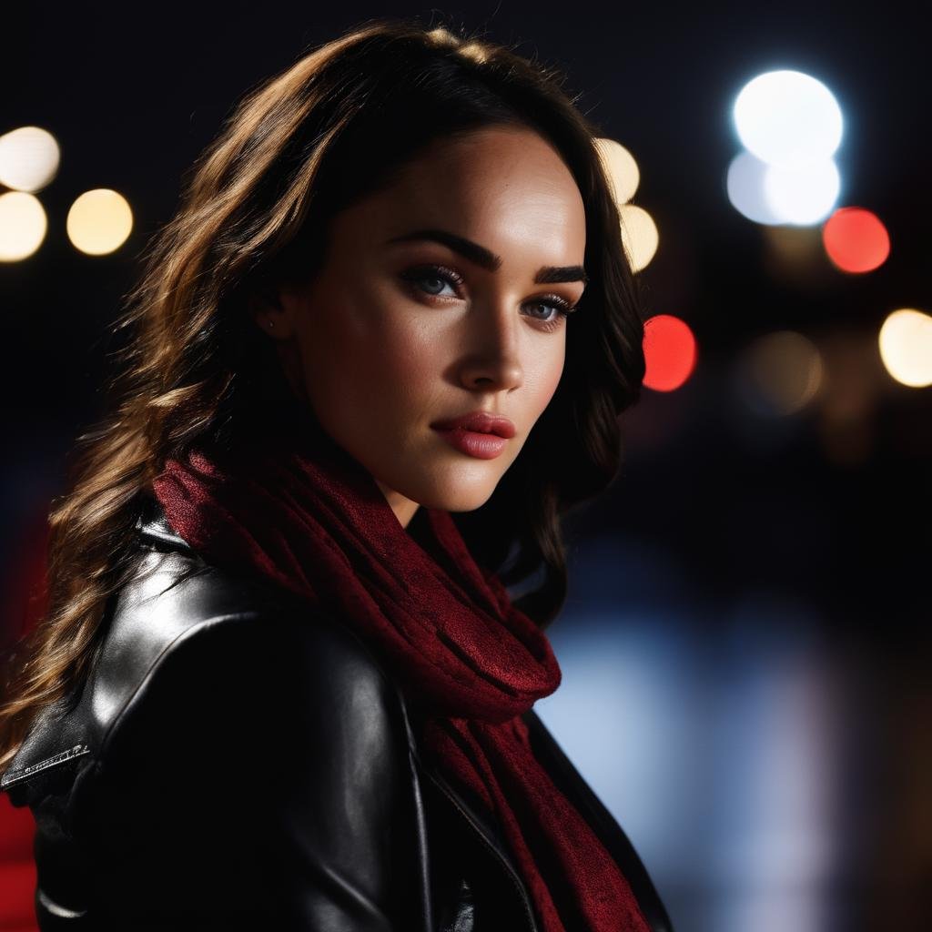 Megan_Fox,<lora:MeganFoXL>,a woman with a scarf around her neck, professional photography, ((portrait, red shirt , black jacket, black pants)), city at night, ((detailed skin texture,dark night, midnight, full moon, starry sky)),, ((sharp face, detailed face, realistic face, naturtal skin, realistic skin, detailed skin, pores, detailed eyes,realistic eyes)),, (masterpiece, best quality, ultra-detailed, best shadow), high contrast, (best illumination), ((cinematic light)), colorful, hyper detail, dramatic light, intricate details, (1 girl, solo) , ultra detailed artistic photography, dreamy, backlit, shadows, ultra high definition, 8k, ultra sharp focus, ultra high quality model, soft lighting, film photography, analogue photography, hyperrealism,