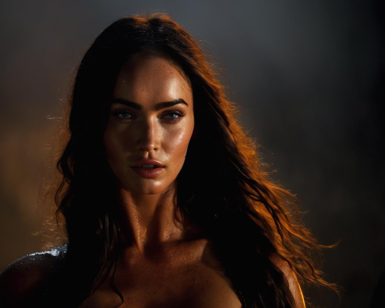 Megan_Fox,<lora:MeganFoXL:1>,Portrait, drenched body, mystic woman emerging from thick fog, dark fantasy, regal, horror atmospere, noir style,, very long  hair, night, dim backlight, looking at the viewer, side lighting, complex hairstyle, midnight ,((windy ,thick fog in background)),, ((sharp face, detailed face, realistic face, naturtal skin, realistic skin, detailed skin, pores, detailed eyes,realistic eyes)),