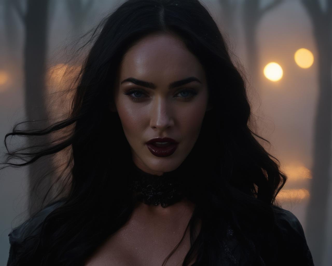 Megan_Fox,<lora:MeganFoXL:1>,Portrait, drenched body, laughing, happy, mystic woman emerging from thick fog, surrounded by thick fog, covered in fog, pale skin, tongue, dark make up black lipstick, dark fantasy, horror atmospere, noir style, very long hair, night, dim backlight, looking at the viewer, subtle back lighting, complex hairstyle, midnight ,((muted colors, windy ,thick fog in background)),