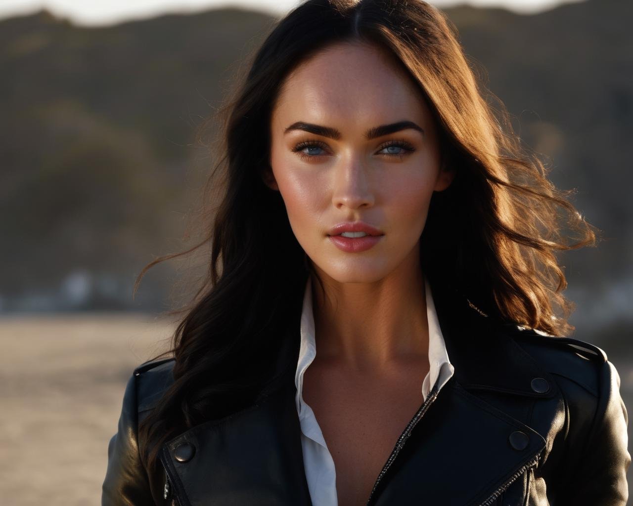 Megan_Fox,<lora:MeganFoXL:1>,leather coat,leather pants,white shirt,thigh strap,street, extremely delicate and beautiful,full frontal,beach,, ((sharp face, detailed face, realistic face, naturtal skin, realistic skin, detailed skin, pores, detailed eyes,realistic eyes)),, (masterpiece, best quality, ultra-detailed, best shadow), high contrast, (best illumination), ((cinematic light)), colorful, hyper detail, dramatic light, intricate details, (1 girl, solo) , ultra detailed artistic photography, dreamy, backlit, shadows, ultra high definition, 8k, ultra sharp focus, ultra high quality model, soft lighting, film photography, analogue photography, hyperrealism,