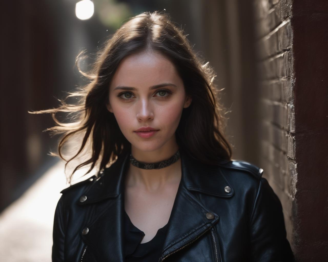 felicity_jones, street photography of a stylish woman with longhair, in a dark alley, wearing a leather jacket, short plaid skirt, leather boots, studded choker, open jacket, (soft smile), looking at viewer, <lora:FelicityJonesXL:1>, ((perfect eyes, detailed eyes,realistic eyes)), (masterpiece, best quality, ultra-detailed, best shadow), high contrast, (best illumination), ((cinematic light)), colorful, hyper detail, dramatic light, intricate details, (1 girl, solo) , ultra detailed artistic photography, dreamy, backlit, shadows, ultra high definition, 8k, ultra sharp focus, ultra high quality model, soft lighting, film photography, analogue photography, hyperrealism,, ((sharp face, detailed face, realistic face, naturtal skin, realistic skin, detailed skin, pores))