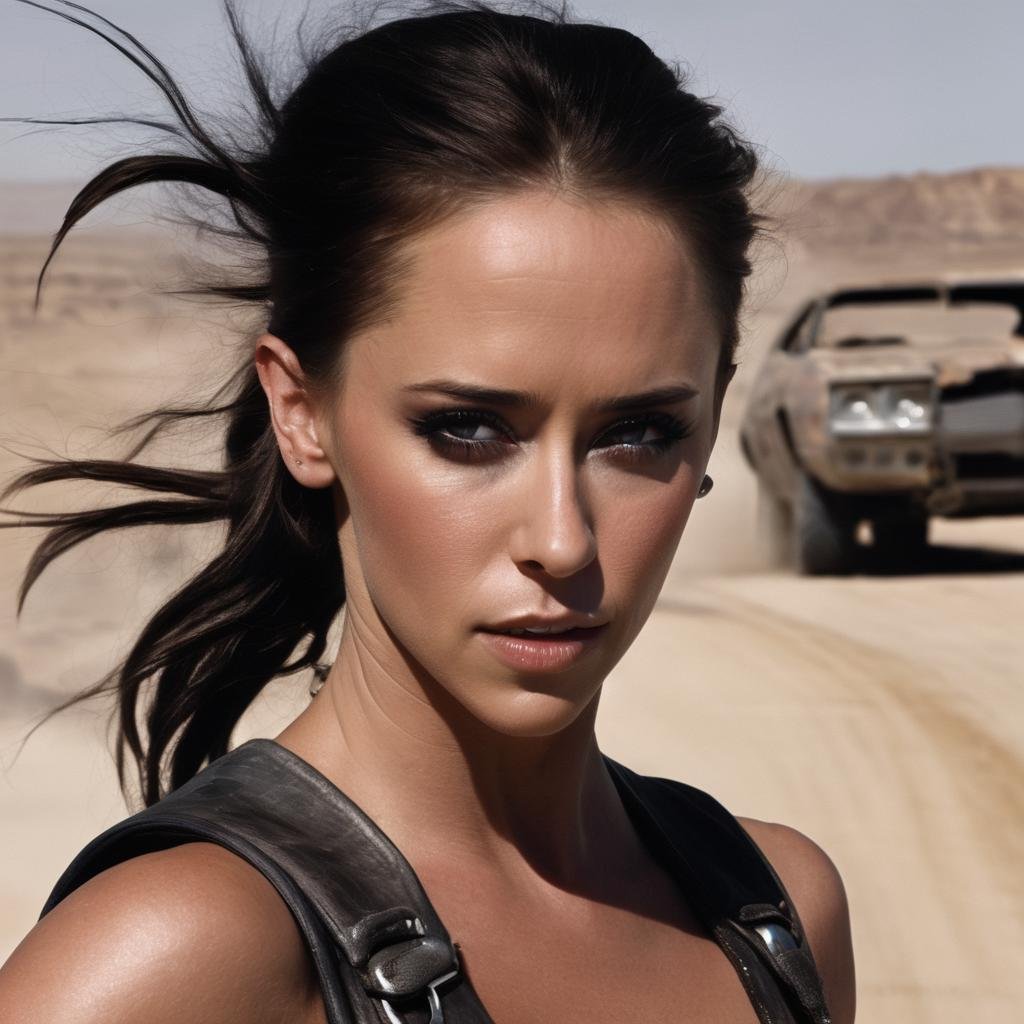 JenniferloveHewitt, <lora:JenniferLoveHewittXL:1>,female biker, portrait, leather suit, mad max fashion style. desolate wasteland, apocalypse background, destroyed cars, ruins, ((perfect eyes, detailed eyes,realistic eyes)), ((sharp face, detailed face, realistic face, naturtal skin, realistic skin, detailed skin, pores))