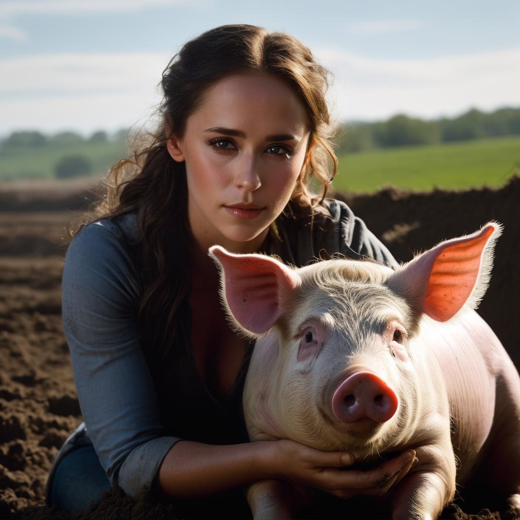 JenniferloveHewitt, <lora:JenniferLoveHewittXL:1>, professional photo shoot of a woman wearing a (dirty farmer outfit, subtle make-up, long hair), covered in mud, dirty clothes, ((sitting in a mud hole on a farm, cuddling a fat pig)), (masterpiece, best quality, ultra-detailed, best shadow), high contrast, (best illumination), ((cinematic light)), colorful, hyper detail, dramatic light, intricate details, (1 girl, solo) , ultra detailed artistic photography, dreamy, backlit, shadows, ultra high definition, 8k, ultra sharp focus, ultra high quality model, soft lighting, film photography, analogue photography, hyperrealism,, ((perfect eyes, detailed eyes,realistic eyes)), ((sharp face, detailed face, realistic face, naturtal skin, realistic skin, detailed skin, pores))