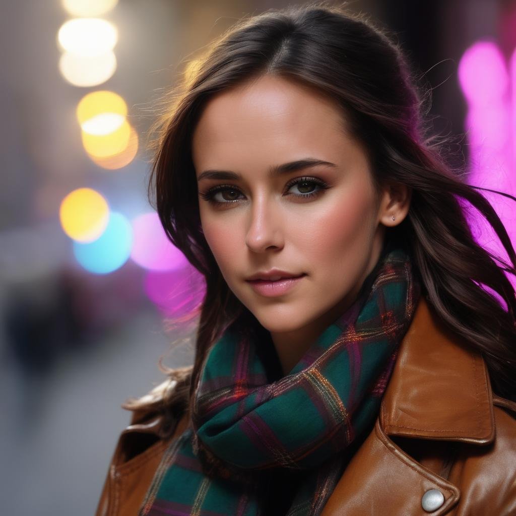 JenniferloveHewitt, <lora:JenniferLoveHewittXL:1>,woman, portrait, tartan scarf, black tshirt, brown leather jacket,  gradient yellow, black, brown and magenta color scheme, grunge aesthetic, graffiti tag wall background, warm lights, (teal and orange:0.4), ((perfect eyes, detailed eyes,realistic eyes)), ((sharp face, detailed face, realistic face, naturtal skin, realistic skin, detailed skin, pores)), (masterpiece, best quality, ultra-detailed, best shadow), high contrast, (best illumination), ((cinematic light)), colorful, hyper detail, dramatic light, intricate details, (1 girl, solo) , ultra detailed artistic photography, dreamy, backlit, shadows, ultra high definition, 8k, ultra sharp focus, ultra high quality model, soft lighting, film photography, analogue photography, hyperrealism,