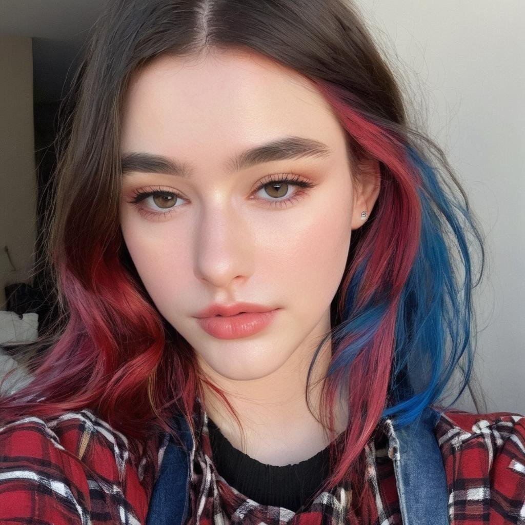 dasha_taran, <lora:DashaTaranXL:1>, wearing checkered red and black shirt and blue jeans, multicolored hair, looking at the viewer, ((sharp face, detailed face, realistic face, naturtal skin, realistic skin, detailed skin, pores))