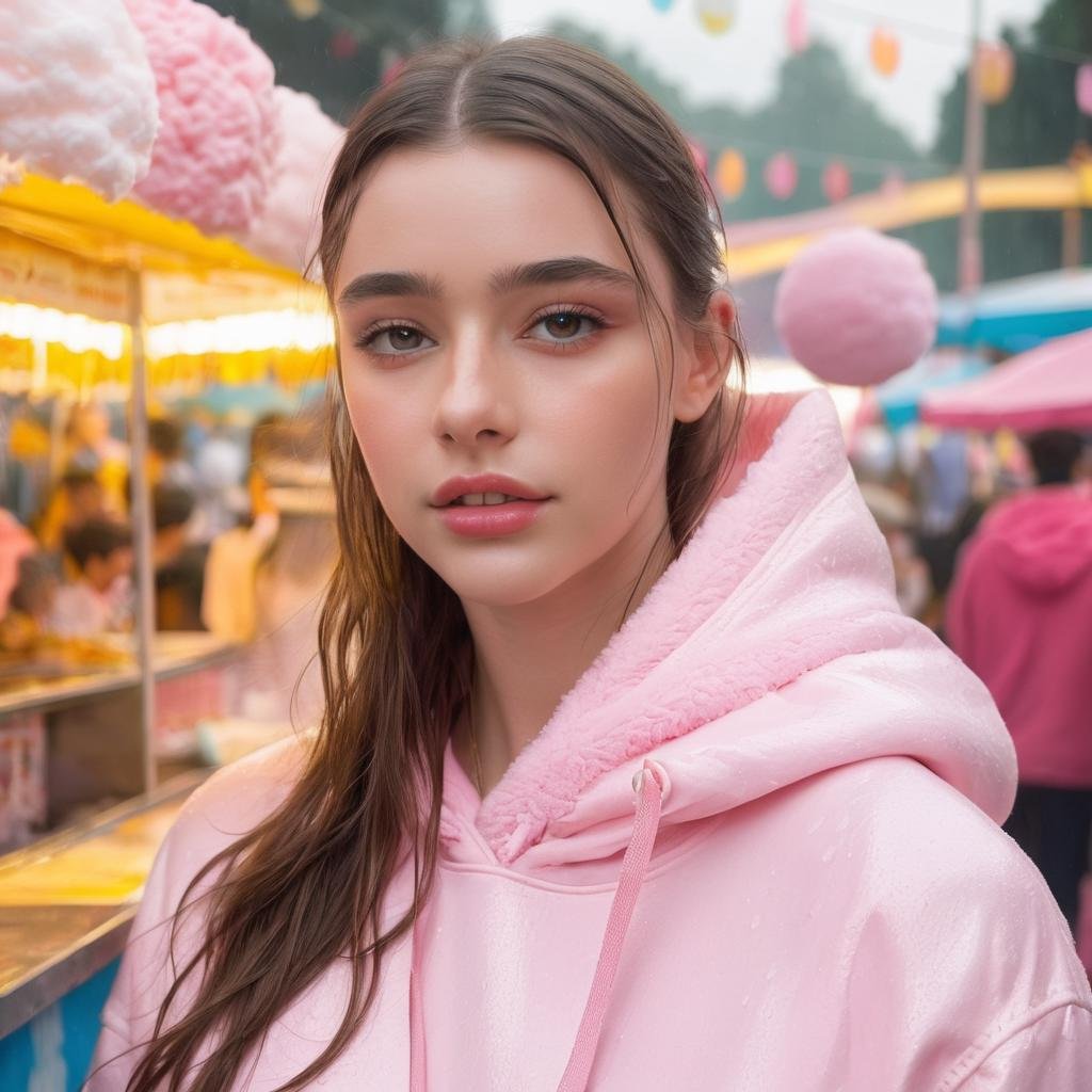 dasha_taran, <lora:DashaTaranXL:1>, woman standing in the pouring rain,  at a cotton candy stand on a carnival, wet hair, wet t-shirt, outdoor, ((perfect eyes, detailed eyes,realistic eyes)), ((sharp face, detailed face, realistic face, naturtal skin, realistic skin, detailed skin, pores))