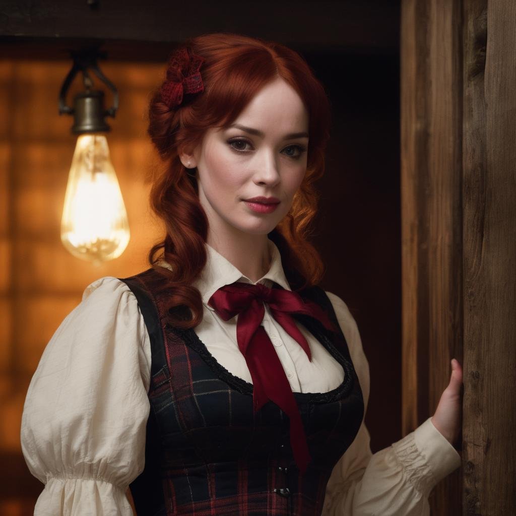 christina_hendricks,<lora:ChristinaHendricksXL:1.0>, A gothic woman living in a spooky house, tales of mystery and horror, pet raven, adventurous,a plaid skirt, white knee high socks, a red vest and a white shirt, black hair, pony tail, a red ribbon with a skull-shaped bead, dim light, macabre atmosphere, palette [voilet|red|black|grey|white], (masterpiece, best quality, ultra-detailed, best shadow), high contrast, (best illumination), ((cinematic light)), colorful, hyper detail, dramatic light, intricate details, (1 girl, solo) , ultra detailed artistic photography, dreamy, backlit, shadows, ultra high definition, 8k, ultra sharp focus, ultra high quality model, soft lighting, film photography, analogue photography, hyperrealism,