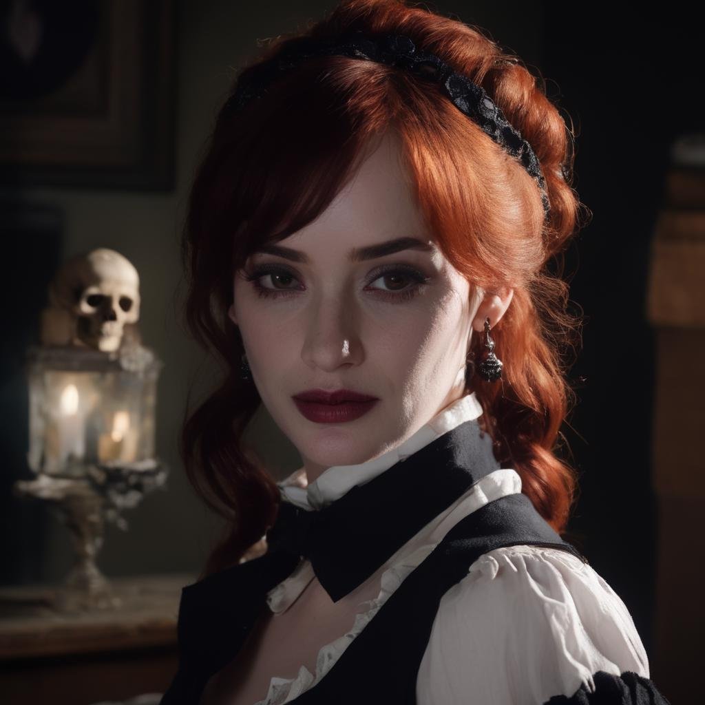 christina_hendricks,<lora:ChristinaHendricksXL:1.0>, A gothic woman living in a spooky house, tales of mystery and horror, pet raven, adventurous,a plaid skirt, white knee high socks, a red vest and a white shirt, black hair,pony tail, a red ribbon with a skull-shaped bead, dim light, macabre atmosphere, palette [voilet|red|black|grey|white], (masterpiece, best quality, ultra-detailed, best shadow), high contrast, (best illumination), ((cinematic light)), colorful, hyper detail, dramatic light, intricate details, (1 girl, solo) , ultra detailed artistic photography, dreamy, backlit, shadows, ultra high definition, 8k, ultra sharp focus, ultra high quality model, soft lighting, film photography, analogue photography, hyperrealism,