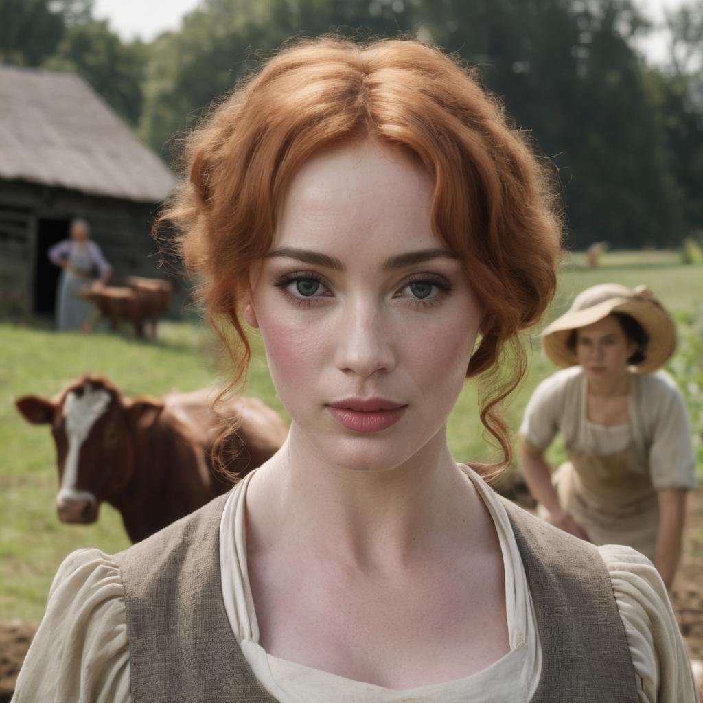 christina_hendricks,<lora:ChristinaHendricksXL:1.0>, historical photograph of a woman, doing farm work at a communal farm, close up, other women working in background, looking at camera, ((perfect eyes, detailed eyes,realistic eyes)), ((sharp face, detailed face, realistic face, naturtal skin, realistic skin, detailed skin, pores))