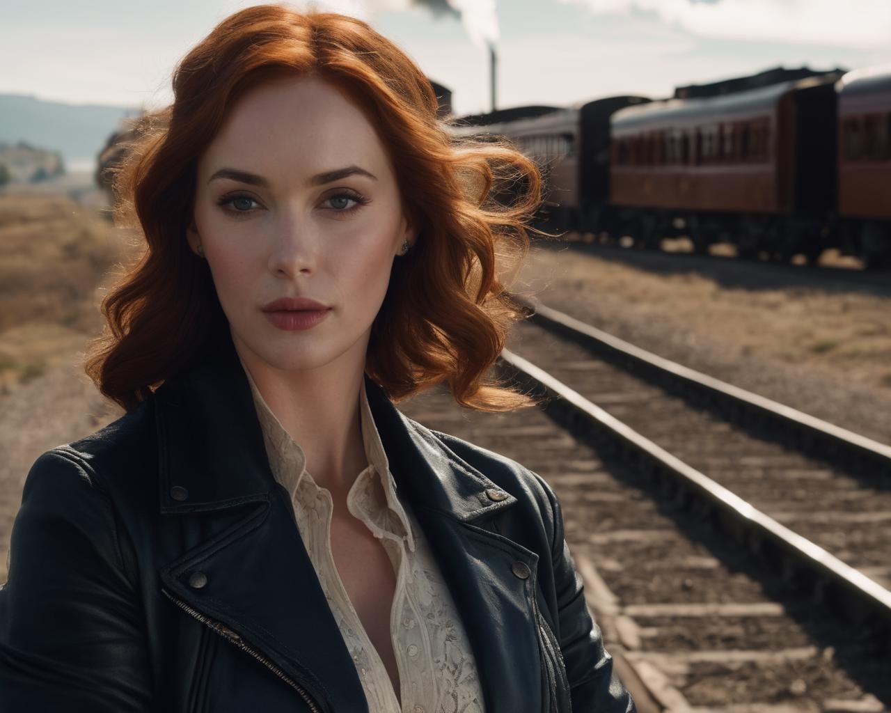 christina_hendricks,<lora:ChristinaHendricksXL:1.0>,Portrait of a woman, (close up),upper body, (( turtleneck sweater, leather jacket, blue jeans)), sitting in front of a old western train station, old steam train passing by, steam cloud, long hair, floaty hair, hair blows in the wind, windy, italo-western style, ((perfect eyes, detailed eyes,realistic eyes)), ((sharp face, detailed face, realistic face, naturtal skin, realistic skin, detailed skin, pores)), (masterpiece, best quality, ultra-detailed, best shadow), high contrast, (best illumination), ((cinematic light)), colorful, hyper detail, dramatic light, intricate details, (1 girl, solo) , ultra detailed artistic photography, dreamy, backlit, shadows, ultra high definition, 8k, ultra sharp focus, ultra high quality model, soft lighting, film photography, analogue photography, hyperrealism,