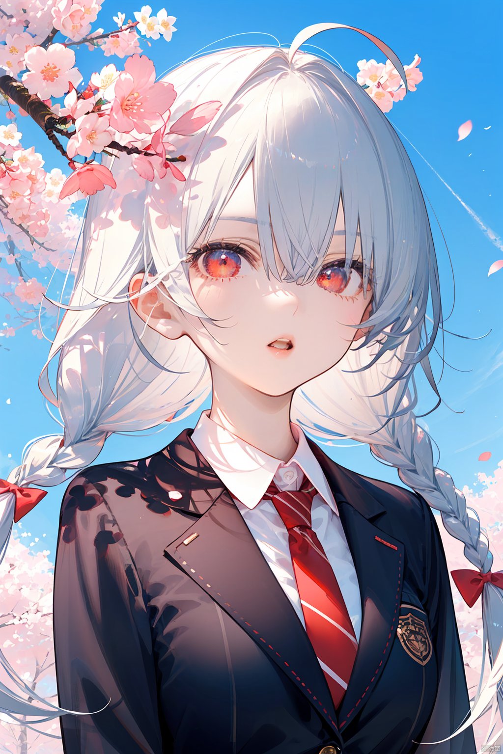 nai3, 1girl,white hair,red eyes,portrait, solo, parted lips, open mouth,  hair between eyes, floating hair, twin braids, bangs, ahoge, ong sleeves, red necktie, plaid necktie, cherry blossoms, branch, blazer, pink flower, spring \(season\), tree, petals, wind, hanami, plaid bow, unmoving pattern, 