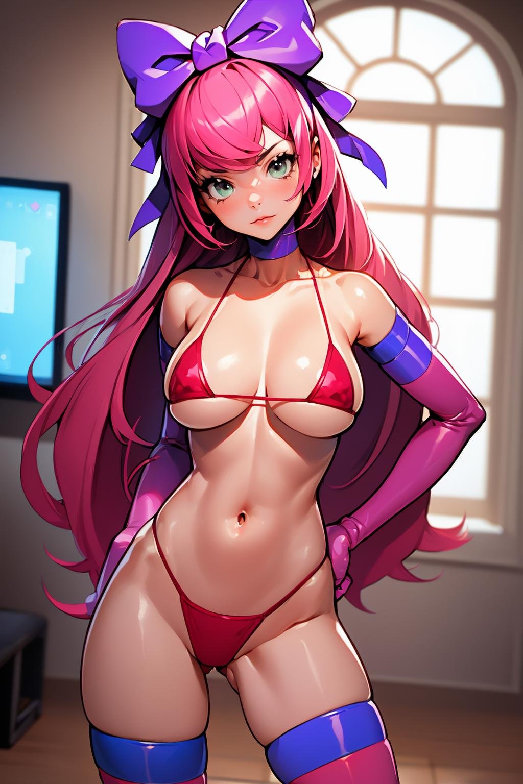 (masterpiece, best quality:1.2), <lora:princess_robot_bubblegum:1>, princess robot bubblegum, 1girl, solo, breasts, large breasts, thighhighs, gloves, bow, navel, swimsuit, hair bow, bikini, micro bikini, pink bikini, indoors, window, rainbow, glaring, blurry background, 