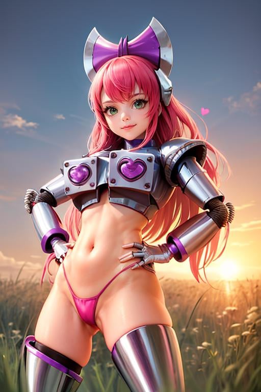 (masterpiece, best quality:1.2), <lora:princess_robot_bubblegum:1>, princess robot bubblegum, 1girl, solo, looking at viewer, smile, thighhighs, navel, weapon, heart, armor, gloves, hand on hip, outdoors, field, sunset, 