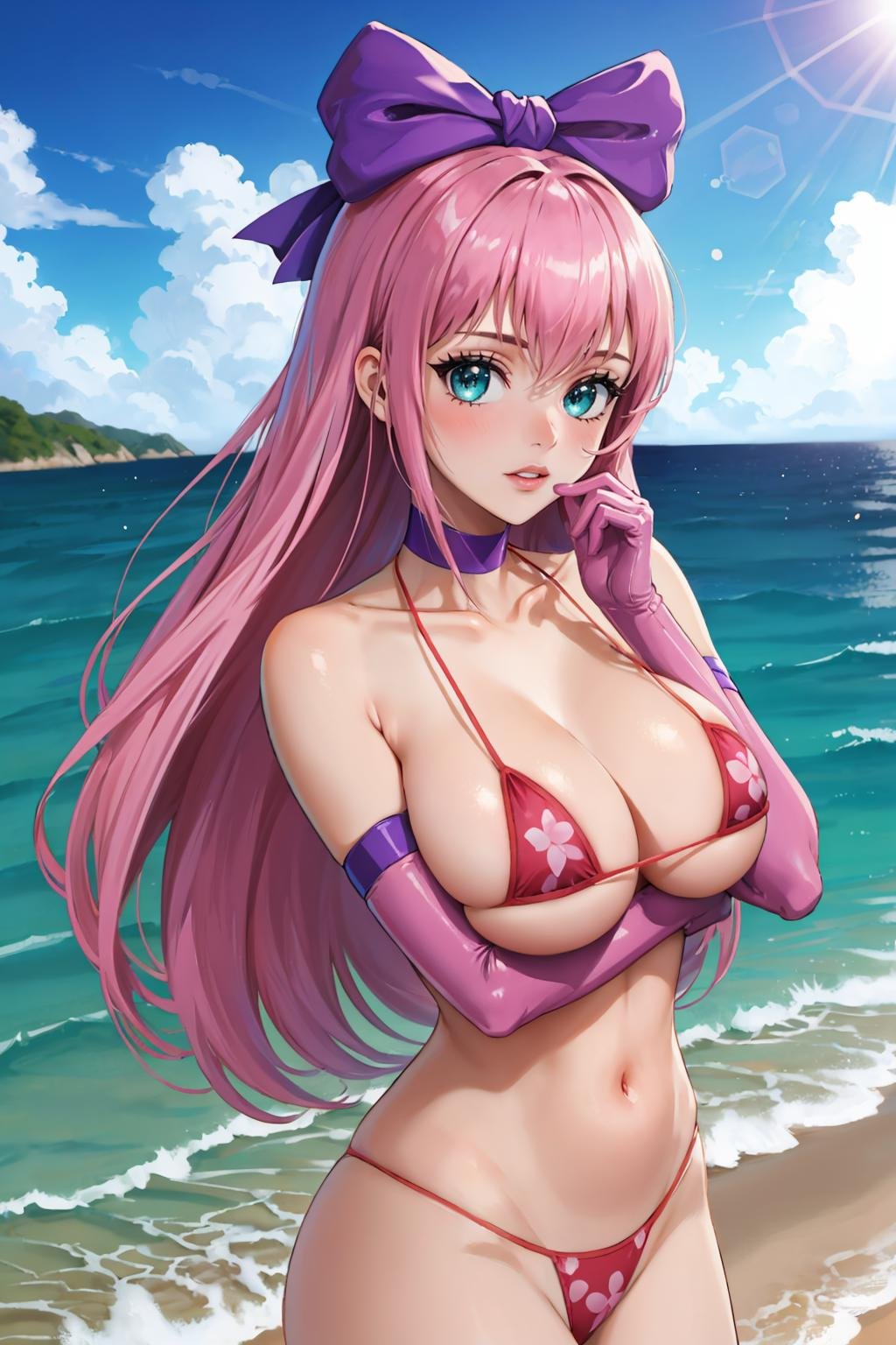 masterpiece, best quality, outdoors, lens flare, depth of field, light particles, 1girl, solo, breasts, looking at viewer,  <lora:princessrobotbubblegum-guy-v2:1>, princessrobotbubblegum, pink bikini, ocean, hair bow, gloves, choker, pink gloves, hands on own face,