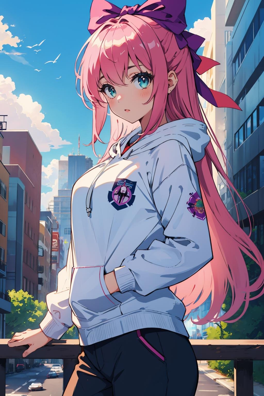 masterpiece, best quality, 1girl, solo, breasts, looking at viewer,  <lora:princessrobotbubblegum-guy-v2:.95>, princessrobotbubblegum, hoodie, city, outdoors, pants, hair bow, 