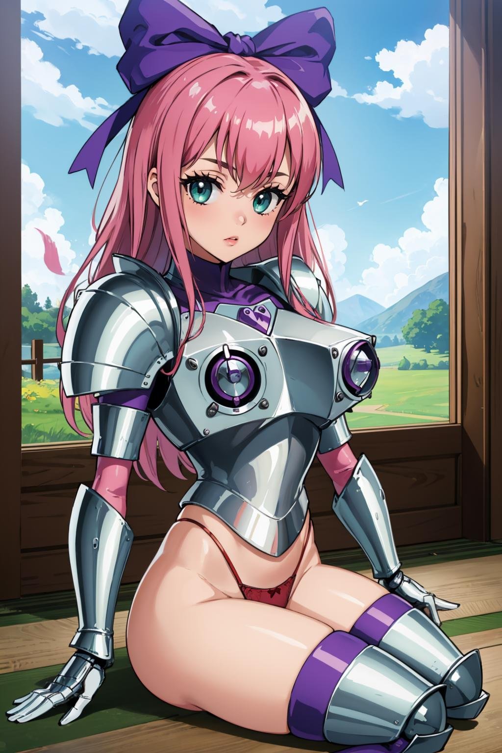 masterpiece, best quality, 1girl, solo, breasts, looking at viewer,  <lora:princessrobotbubblegum-guy-v2:1>, princessrobotbubblegum, hair bow, thighhighs, armor, panties, armored gloves, sitting, seiza, 