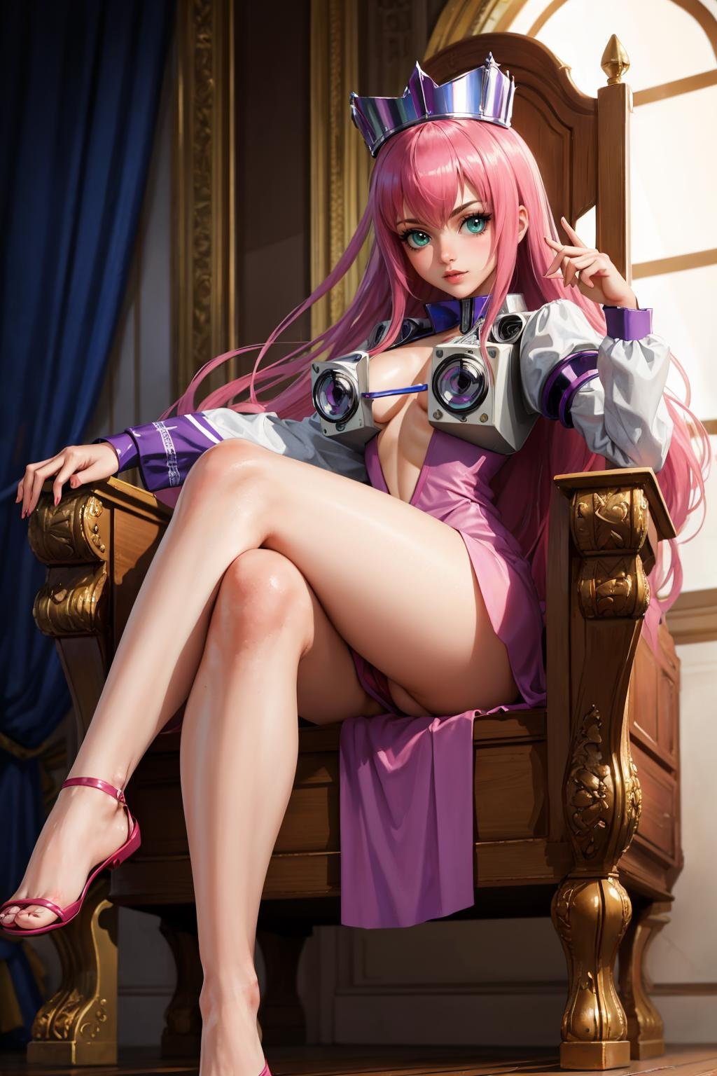 masterpiece, best quality, 1girl, solo, breasts, looking at viewer,  <lora:princessrobotbubblegum-guy-v2:.95>, princessrobotbubblegum, dress, crown, throne, crossed legs, 