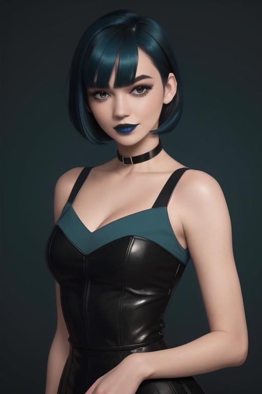 <lora:gwen_(total_drama)v2:0.8>, gwen(total drama), masterpiece, best quality, 1girl, solo, blue lips, looking at viewer, breasts, short hair, makeup, black eyes, collar, upper body, arms behind back, choker, smile, bangs, blue hair, collarbone, lipstick, black lips, dress, black choker, cleavage, black collar green hair,