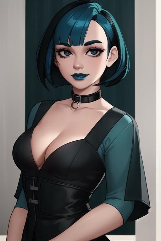 <lora:gwen_(total_drama)v2:0.8>, gwen(total drama), masterpiece, best quality, 1girl, solo, blue lips, looking at viewer, breasts, short hair, makeup, black eyes, collar, upper body, arms behind back, choker, smile, bangs, blue hair, collarbone, lipstick, black lips, dress, black choker, cleavage, black collar green hair,