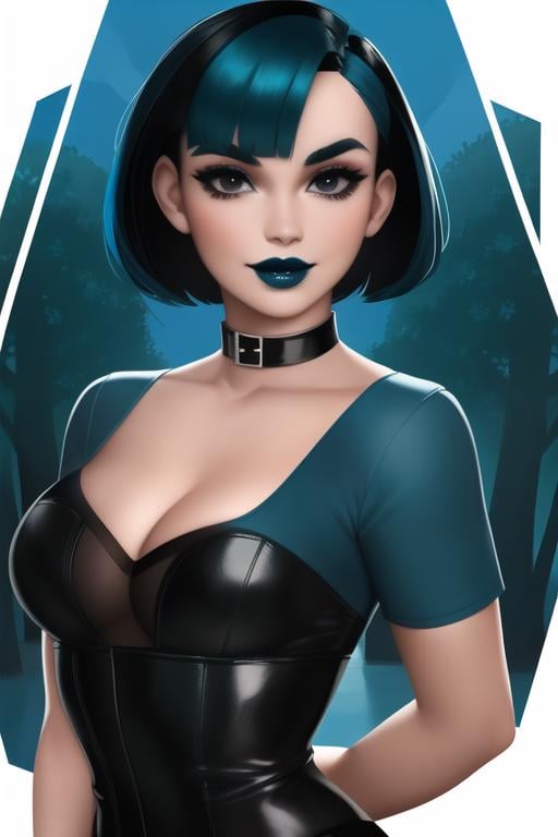 <lora:gwen_(total_drama)v2:0.8>, gwen(total drama), masterpiece, best quality, 1girl, solo, blue lips, looking at viewer, breasts, short hair, makeup, black eyes, collar, upper body, arms behind back, choker, smile, bangs, blue hair, collarbone, lipstick, black lips, dress, black choker, cleavage, black collar green hair,