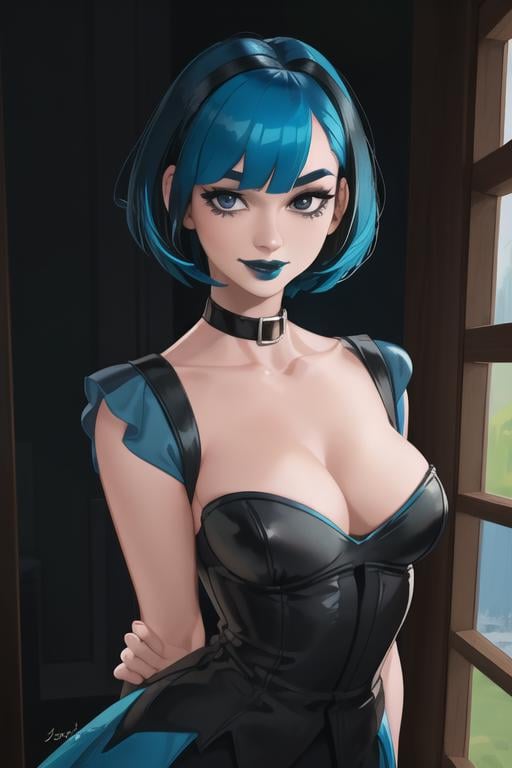 <lora:gwen_(total_drama)v2:0.8>, gwen(total drama), masterpiece, best quality, 1girl, solo, blue lips, looking at viewer, breasts, short hair, makeup, black eyes, collar, upper body, arms behind back, choker, smile, bangs, blue hair, collarbone, lipstick, black lips, dress, black choker, cleavage, black collar green hair,