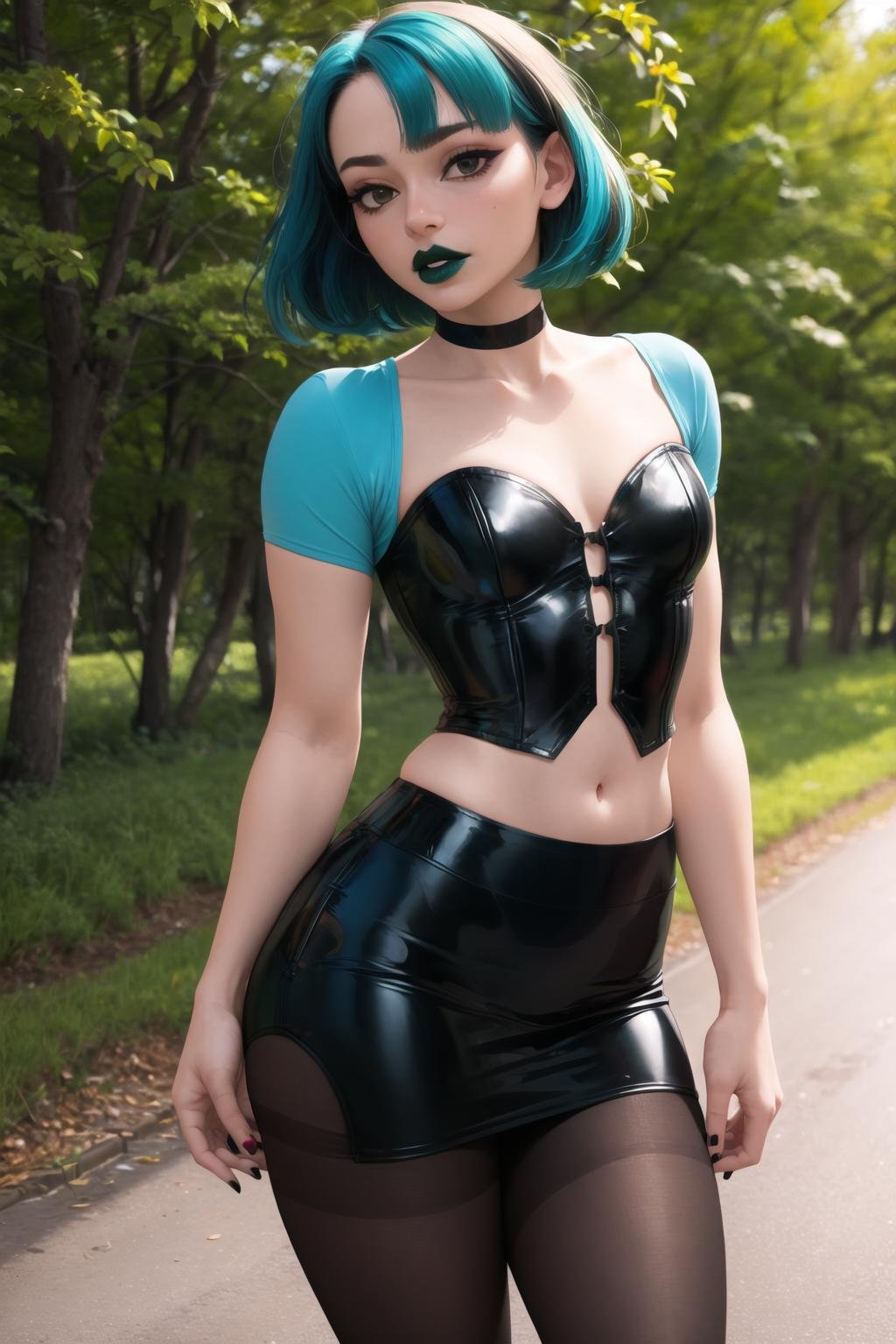 (masterpiece, best quality:1.2),  <lora:gwen_(total_drama):1>, gwen (total drama), 1girl, pantyhose, breasts, solo, cleavage, skirt, green hair, black nails, choker, short hair, black skirt, makeup, brown eyes, gothic, black choker, medium breasts, thighs, green lips, lipstick, navel, bangs, midriff, miniskirt, nail polish, lips, black lips, shirt, parted lips, upskirt, ass, pencil skirt, brown pantyhose, eyeshadow, straight-on, portrait, standing, outdoors