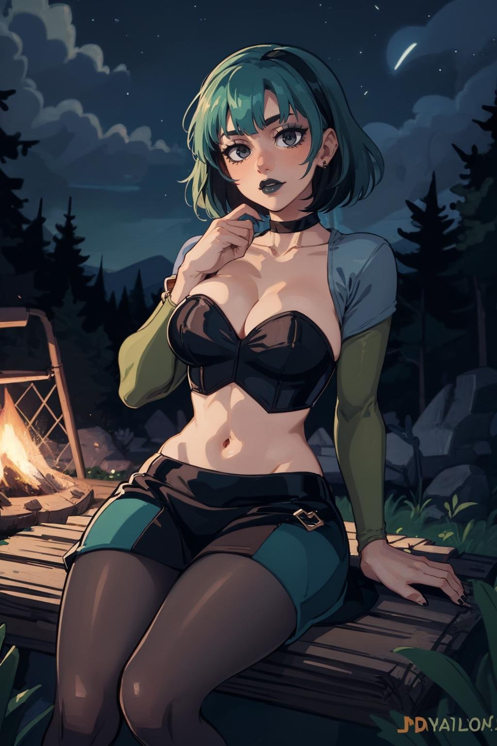 (masterpiece, best quality:1.2), <lora:gwen:1>, gwen, 1girl, solo, breasts, bangs, skirt, navel, cleavage, jewelry, large breasts, pantyhose, choker, midriff, makeup, black choker, outdoors, forest, night sky, campfire, log, sitting,