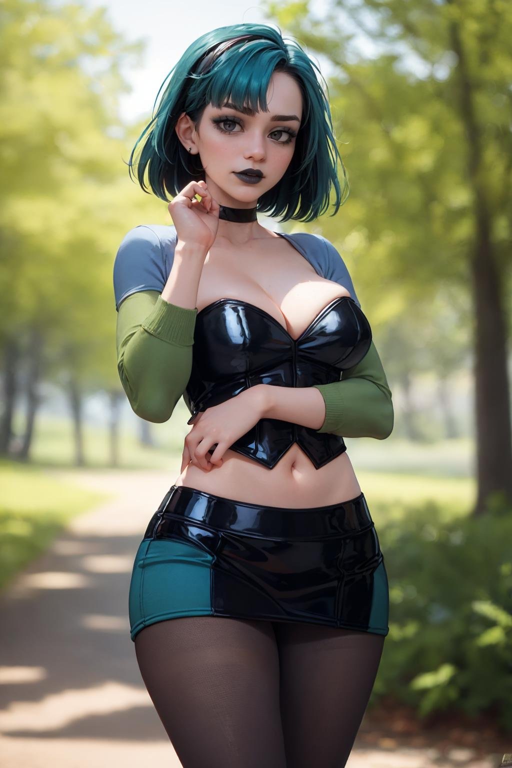 (masterpiece, best quality:1.2), <lora:gwen:1>, gwen, 1girl, solo, breasts, bangs, skirt, navel, cleavage, jewelry, large breasts, pantyhose, choker, midriff, makeup, black choker, outdoors, forest, tree, blue sky, depth of field, blurry background, bokeh,