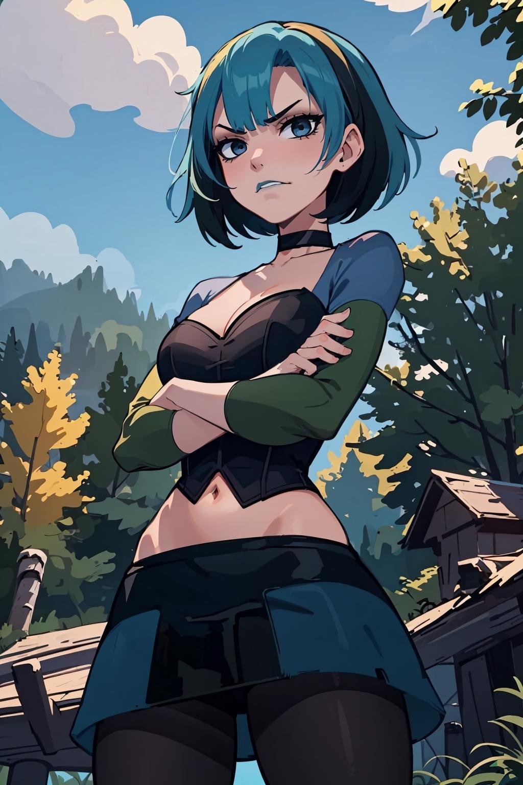 (masterpiece, best quality:1.2),  <lora:gwentd:1>, gwentd, 1girl, solo, large breasts,  breasts, choker, makeup, midriff, pantyhose, skirt, corset, long sleeves, outdoors, looking at viewer, blue sky, forest, crossed arms, standing, angry,