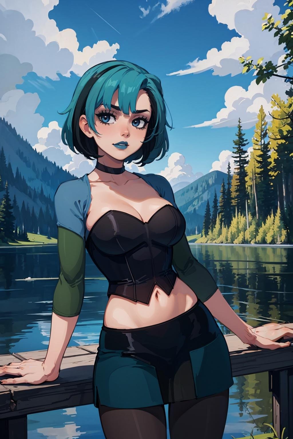 (masterpiece, best quality:1.2),  <lora:gwentd:1>, gwentd, 1girl, solo, large breasts,  breasts, choker, makeup, midriff, pantyhose, skirt, corset, long sleeves, outdoors, looking at viewer, dock, lake, reflection, blue sky, forest, arms at sides, 