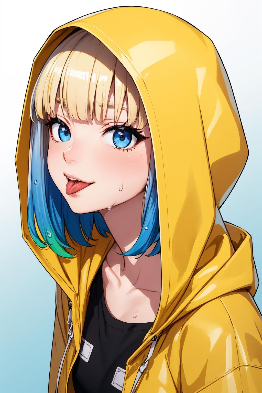 (masterpiece, best quality:1.2), solo, raincoat, 1girl, blue hair, tongue, blue eyes, tongue out, gradient, gradient background, short hair, yellow raincoat, hood, multicolored hair, bangs, blonde hair, water drop, portrait, blunt bangs, collarbone, wet, :p, hood up