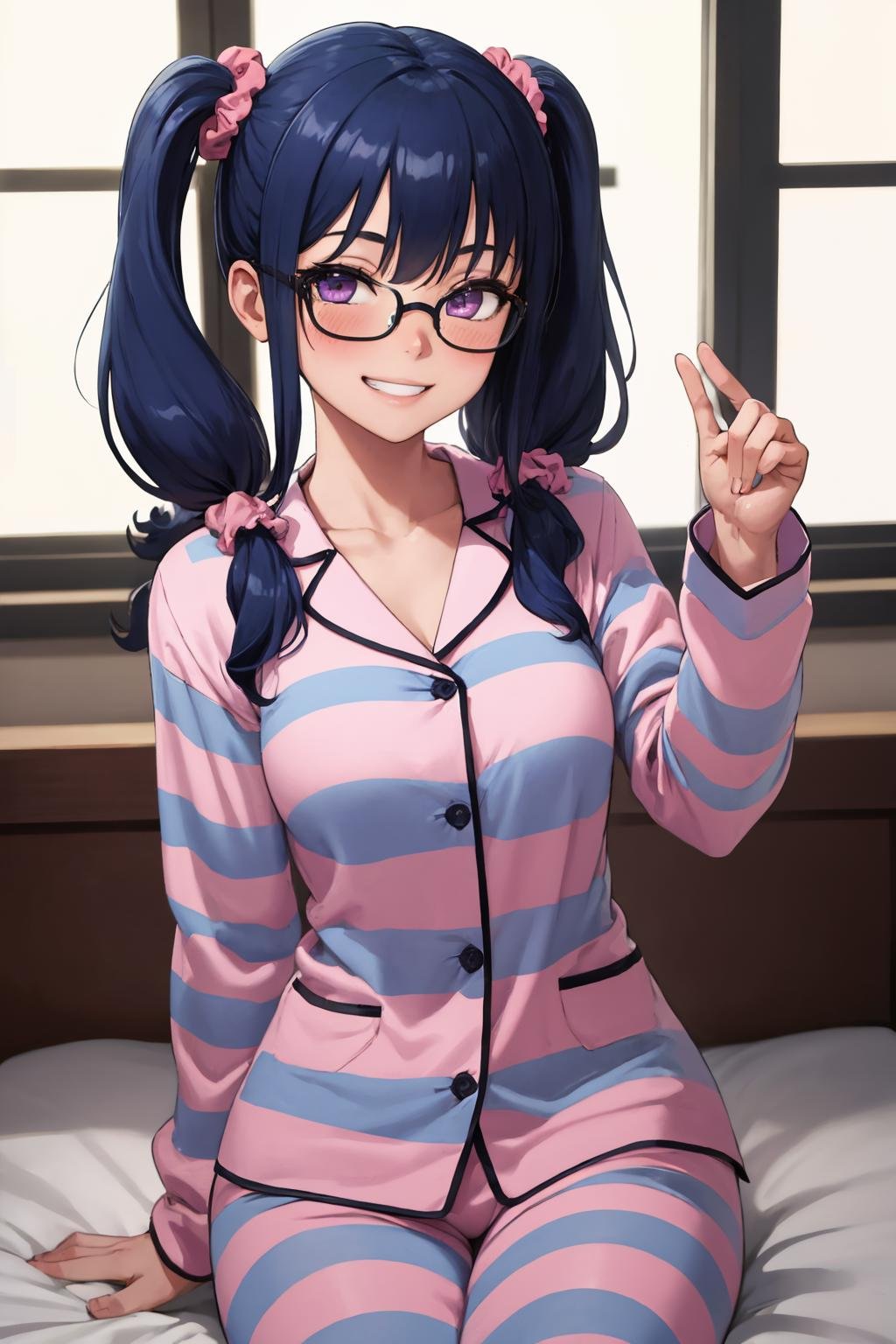 (masterpiece, best quality:1.2), 1girl, solo, glasses, blue hair, long hair, twintails, smile, low twintails, purple eyes, pajamas, looking at viewer, striped, scrunchie, blush, grin, sitting, medium breasts