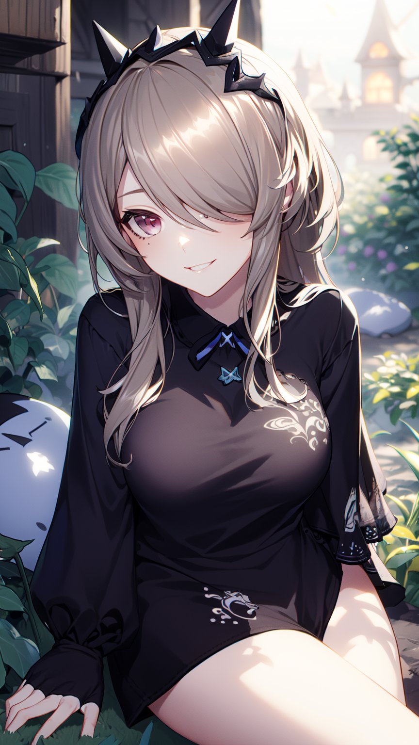 1girl, black shirt, purple eyes, hair over one eye, default, sitting, smile, mole under eye, a beautiful magical garden