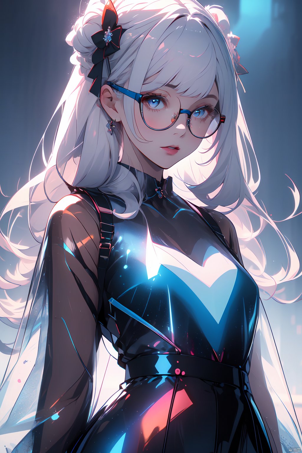  1girl, jewelry,,, upper body, blue background,red eyes,flowers pattern clothes,Round glasses eyewear,hands out of frame,hands beside on body,, (((masterpiece,best quality))),((good structure,Good composition,good atomy)), ((clear, original,beautiful)),